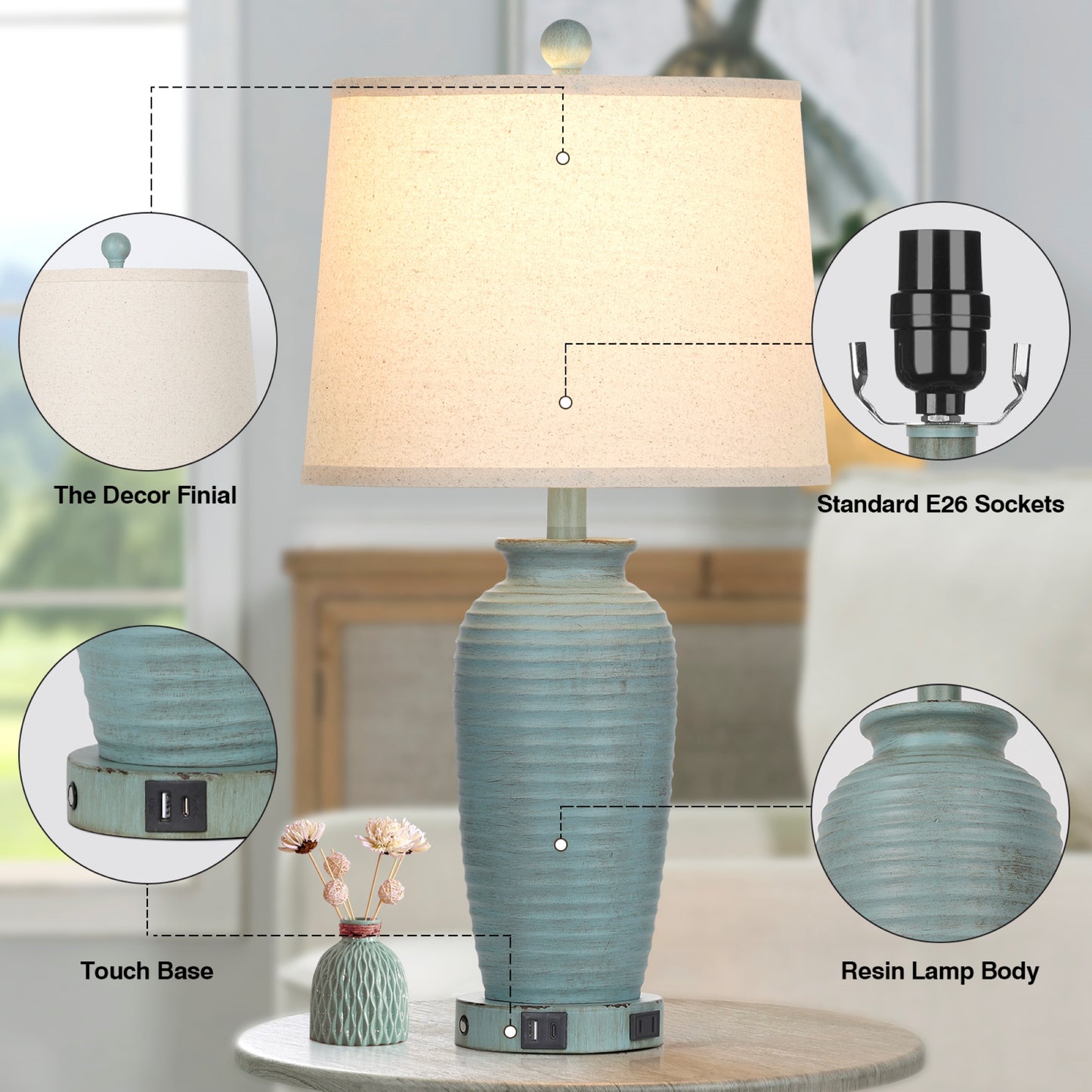 Cinkeda Farmhouse Jar Touch Table Lamps Set of 2 with USB A+C Ports AC Outlet 25" Coastal Blue 3 Way Dimmable Resin Bedside Nightstand Lamp for Living Room Bedroom