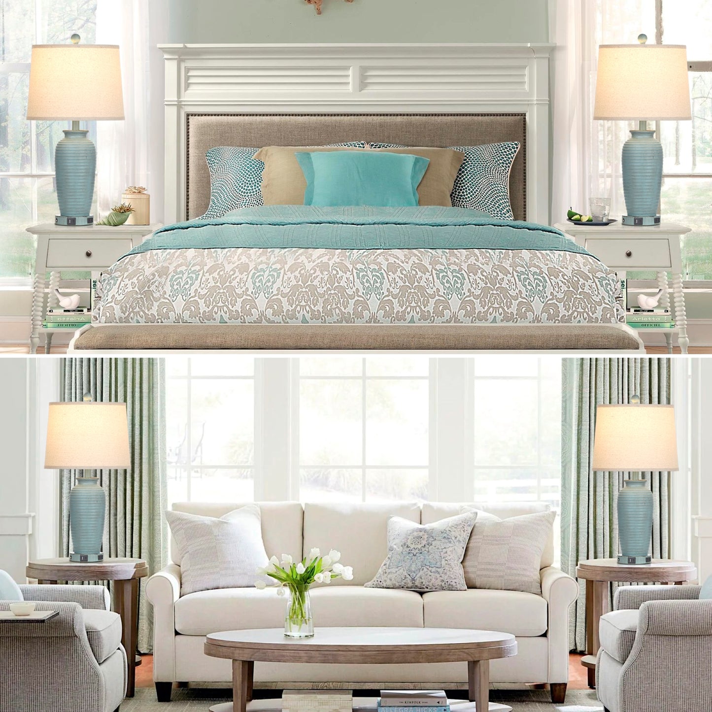 Cinkeda Farmhouse Jar Touch Table Lamps Set of 2 with USB A+C Ports AC Outlet 25" Coastal Blue 3 Way Dimmable Resin Bedside Nightstand Lamp for Living Room Bedroom