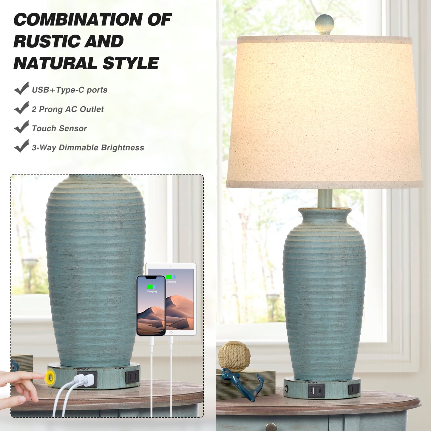 Cinkeda Farmhouse Jar Touch Table Lamps Set of 2 with USB A+C Ports AC Outlet 25" Coastal Blue 3 Way Dimmable Resin Bedside Nightstand Lamp for Living Room Bedroom