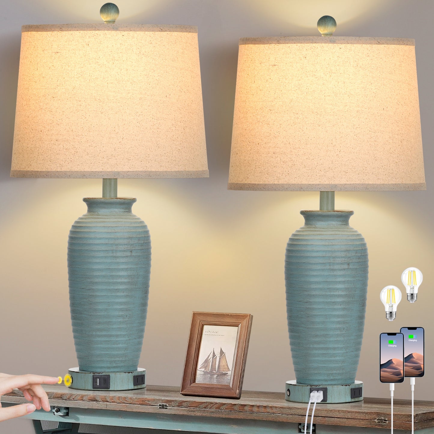 Cinkeda Farmhouse Jar Touch Table Lamps Set of 2 with USB A+C Ports AC Outlet 25" Coastal Blue 3 Way Dimmable Resin Bedside Nightstand Lamp for Living Room Bedroom