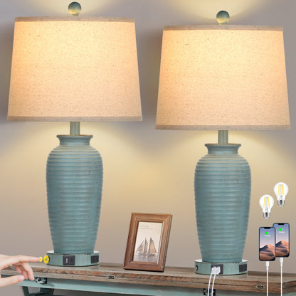 Cinkeda Farmhouse Jar Touch Table Lamps Set of 2 with USB A+C Ports AC Outlet 25" Coastal Blue 3 Way Dimmable Resin Bedside Nightstand Lamp for Living Room Bedroom