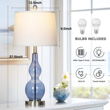 Modern Glass Table Lamps with 3-Way Touch Control, USB-C Port & AC Outlet(Set of 2)