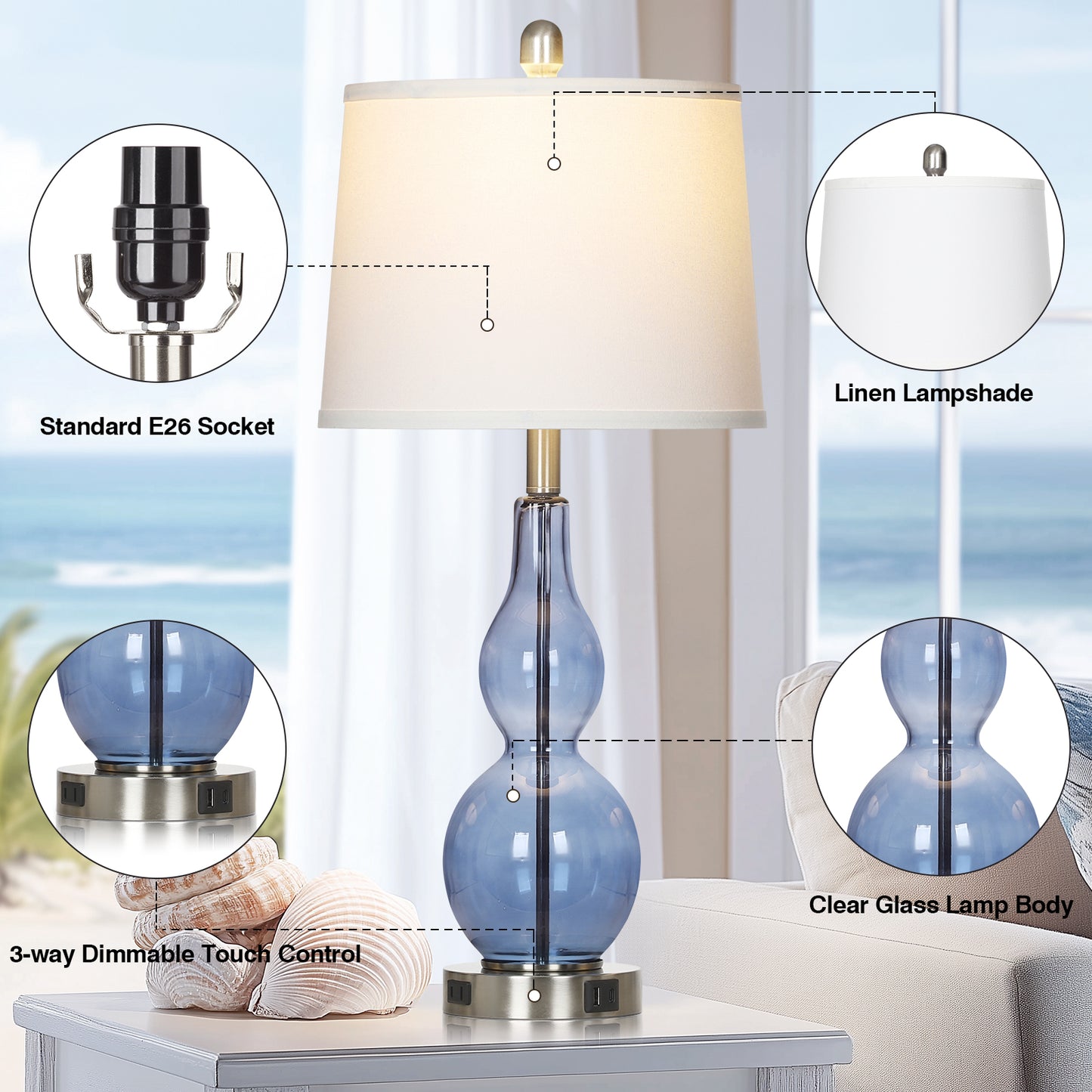 Modern Glass Table Lamps with 3-Way Touch Control, USB-C Port & AC Outlet(Set of 2)