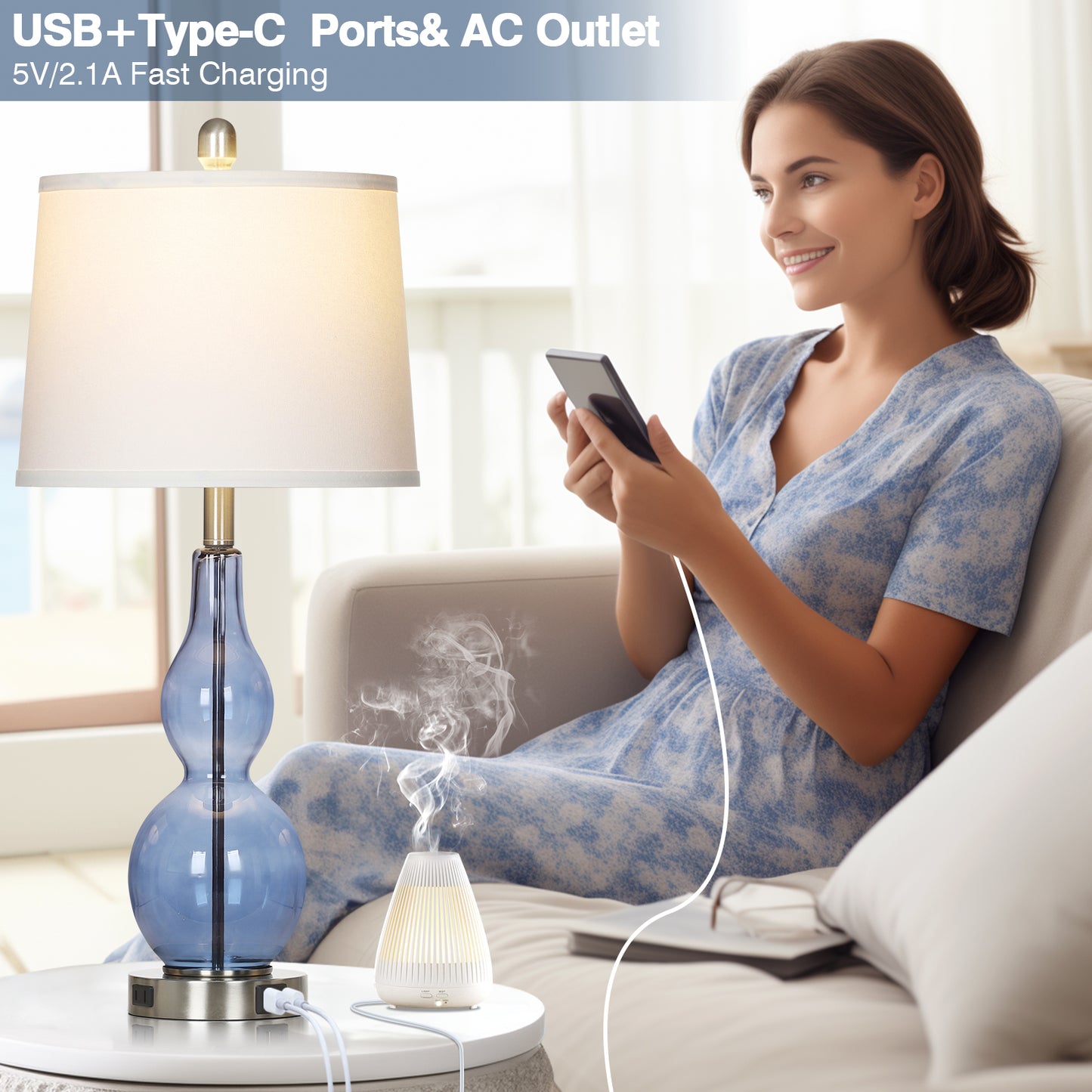 Modern Glass Table Lamps with 3-Way Touch Control, USB-C Port & AC Outlet(Set of 2)