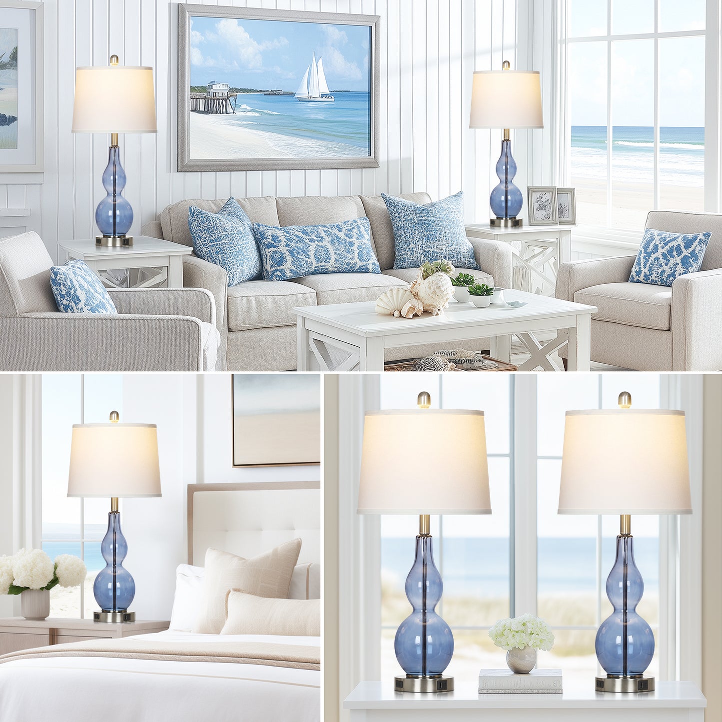 Modern Glass Table Lamps with 3-Way Touch Control, USB-C Port & AC Outlet(Set of 2)