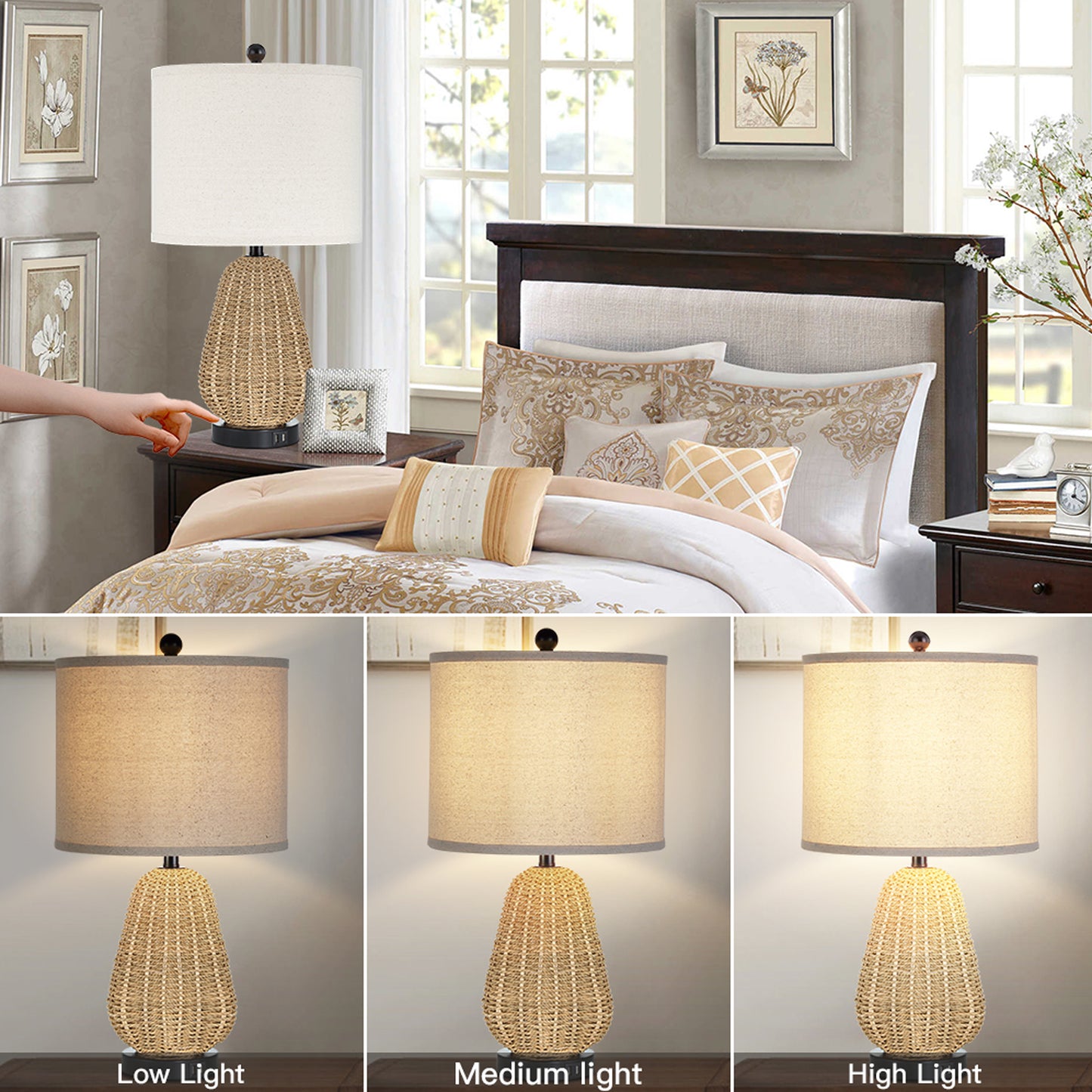 Cinkeda 22.8" Rattan Table Lamp for Bedroom Living Room Single Modern 3 Way Dimmable Bedside Lamp with USB Ports