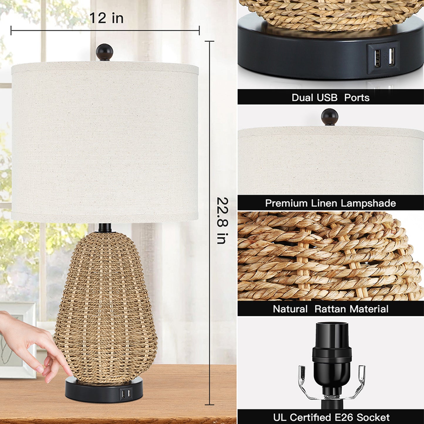 Cinkeda 22.8" Rattan Table Lamp for Bedroom Living Room Single Modern 3 Way Dimmable Bedside Lamp with USB Ports