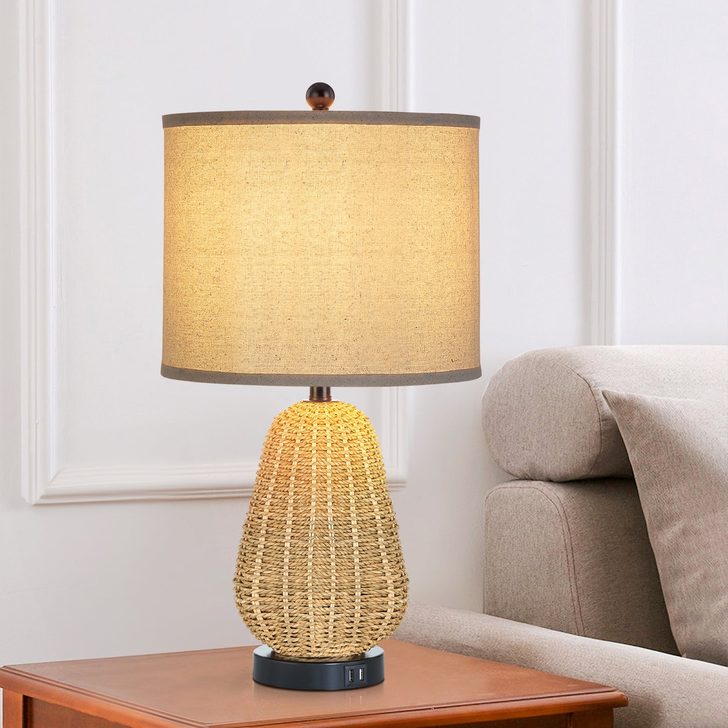 Cinkeda 22.8" Rattan Table Lamp for Bedroom Living Room Single Modern 3 Way Dimmable Bedside Lamp with USB Ports