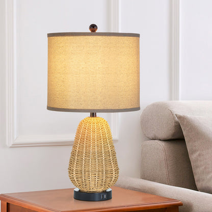 Cinkeda 22.8" Rattan Table Lamp for Bedroom Living Room Single Modern 3 Way Dimmable Bedside Lamp with USB Ports