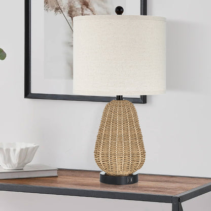 Cinkeda 22.8" Rattan Table Lamp for Bedroom Living Room Single Modern 3 Way Dimmable Bedside Lamp with USB Ports