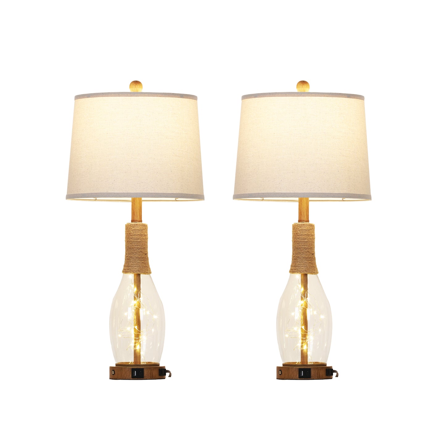 28'' Bedroom/Living Room Rustic Glass & Linen Table Lamp with USB/Type-C Ports, 9W LED Main Light + 2W Night Light(Set of 2)