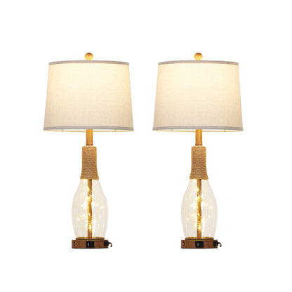 28'' Bedroom/Living Room Rustic Glass & Linen Table Lamp with USB/Type-C Ports, 9W LED Main Light + 2W Night Light(Set of 2)
