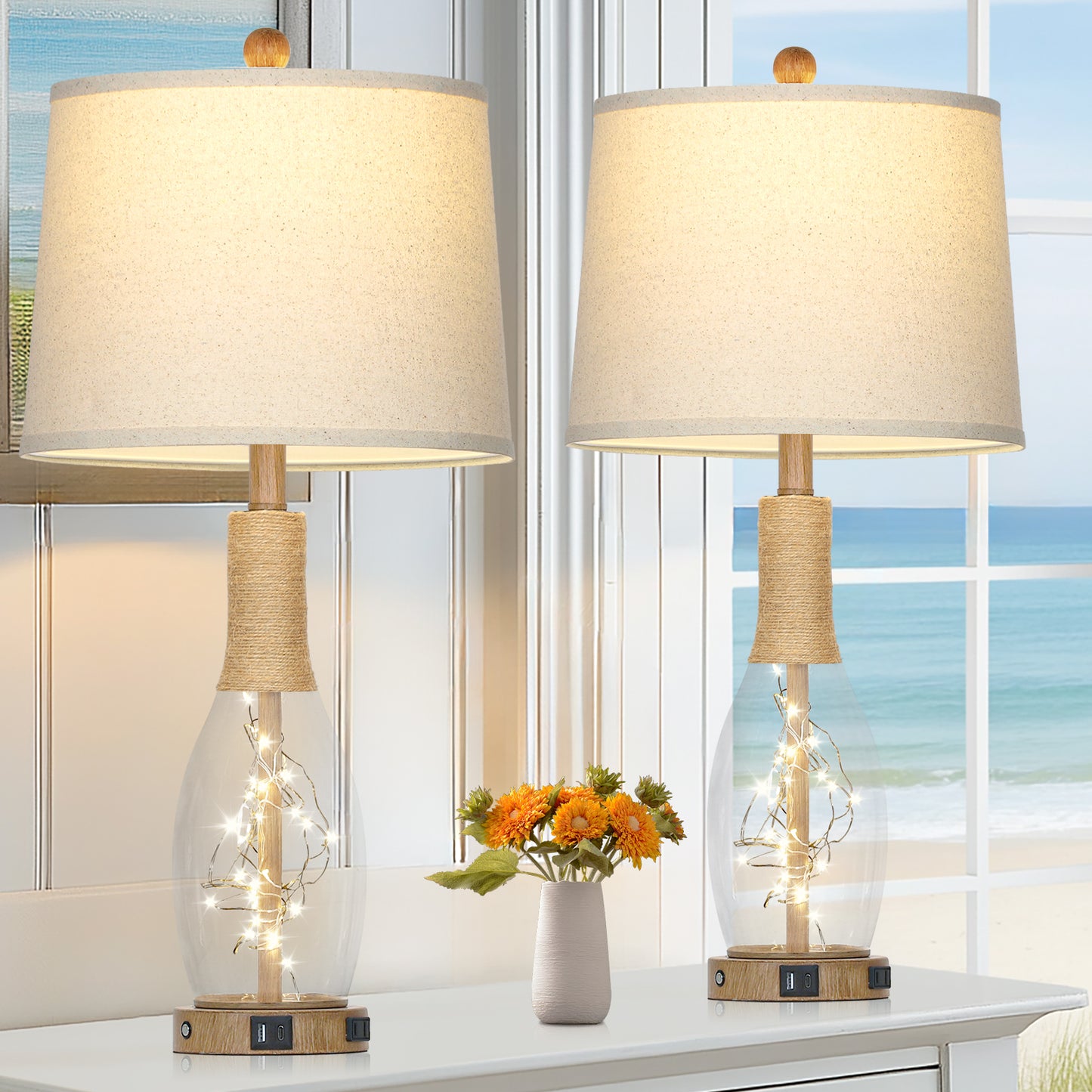 28'' Bedroom/Living Room Rustic Glass & Linen Table Lamp with USB/Type-C Ports, 9W LED Main Light + 2W Night Light(Set of 2)
