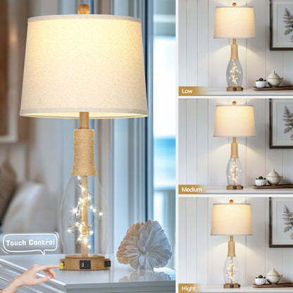 28'' Bedroom/Living Room Rustic Glass & Linen Table Lamp with USB/Type-C Ports, 9W LED Main Light + 2W Night Light(Set of 2)