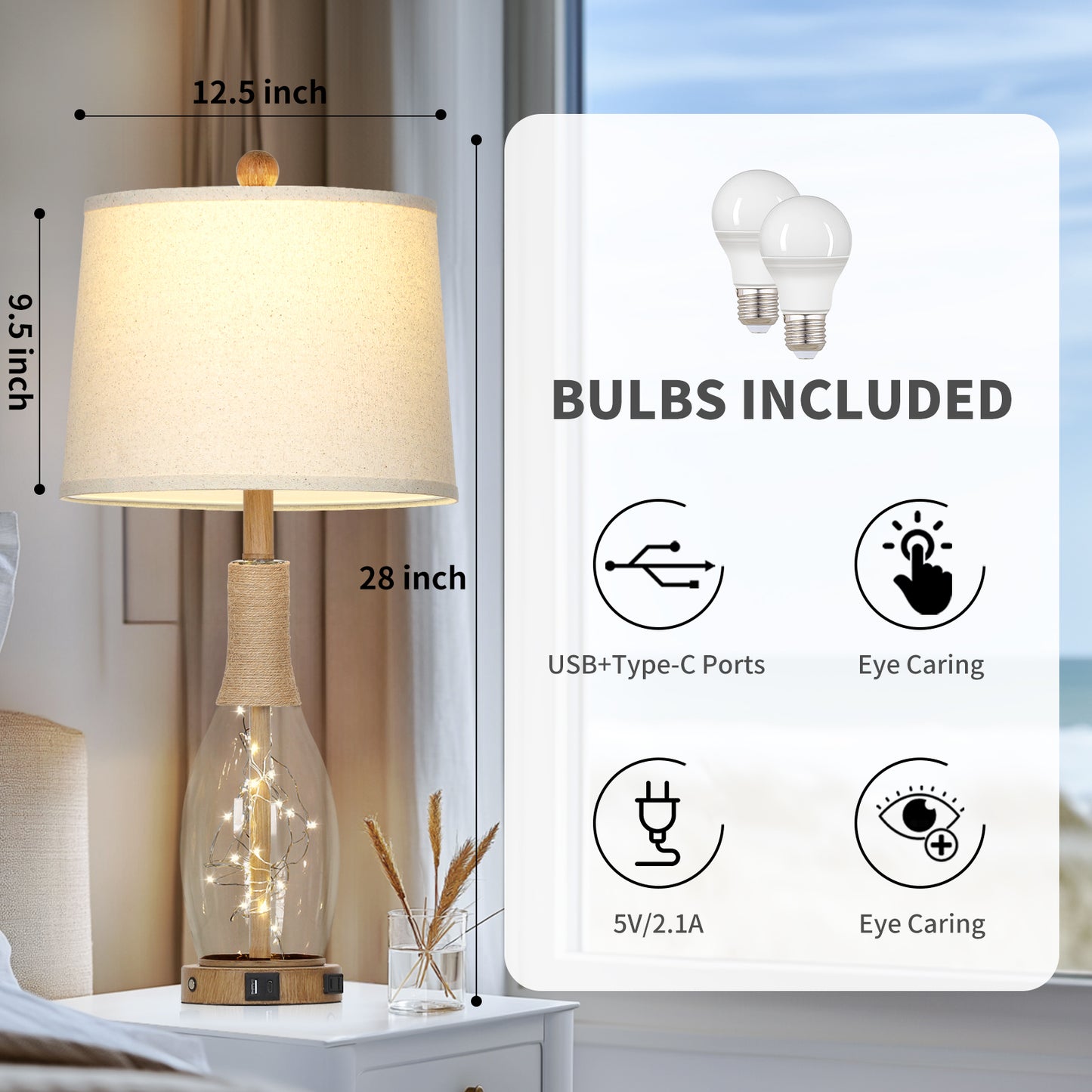 28'' Bedroom/Living Room Rustic Glass & Linen Table Lamp with USB/Type-C Ports, 9W LED Main Light + 2W Night Light(Set of 2)