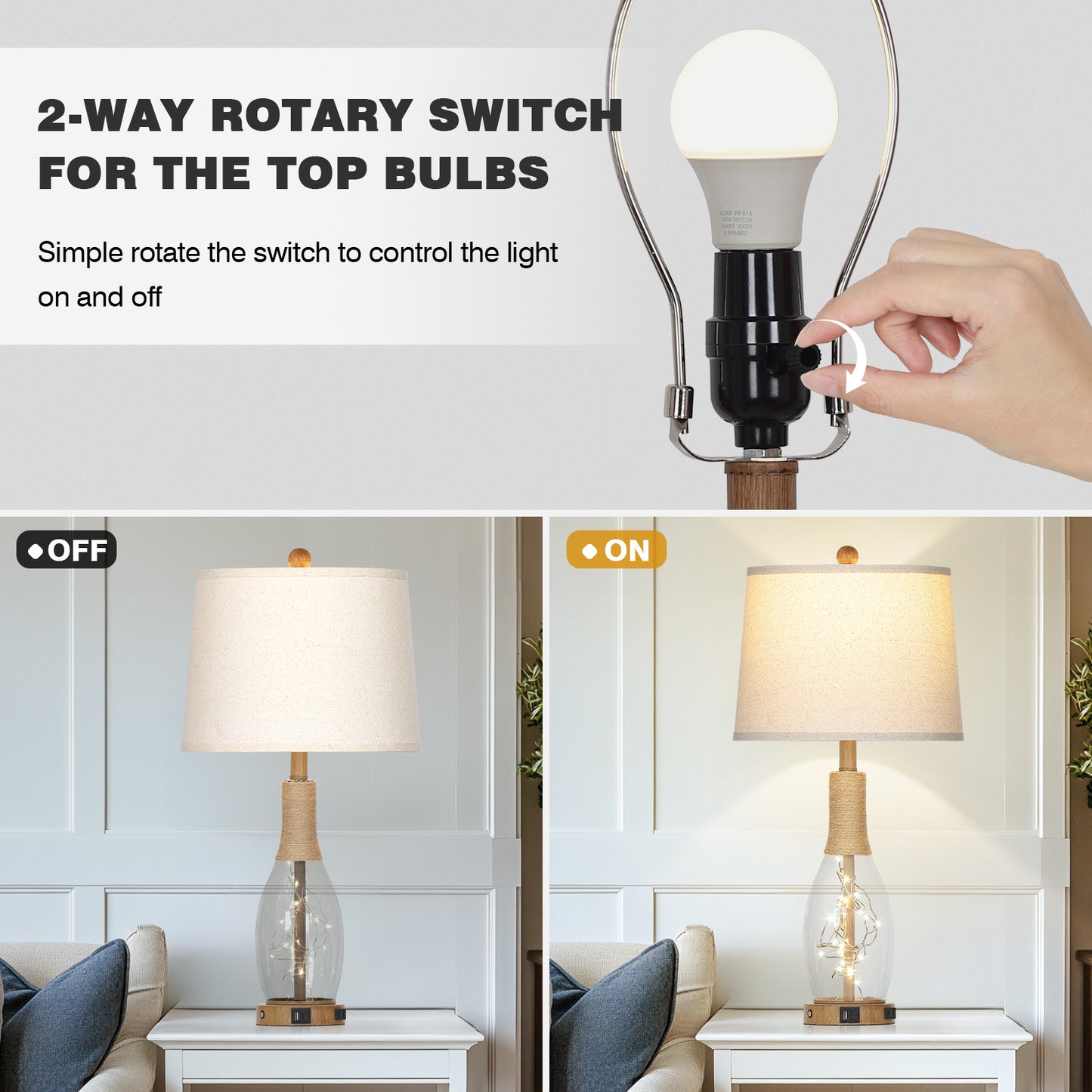 28'' Bedroom/Living Room Rustic Glass & Linen Table Lamp with USB/Type-C Ports, 9W LED Main Light + 2W Night Light(Set of 2)