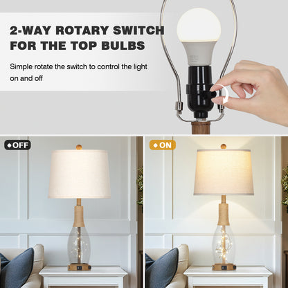 28'' Bedroom/Living Room Rustic Glass & Linen Table Lamp with USB/Type-C Ports, 9W LED Main Light + 2W Night Light(Set of 2)