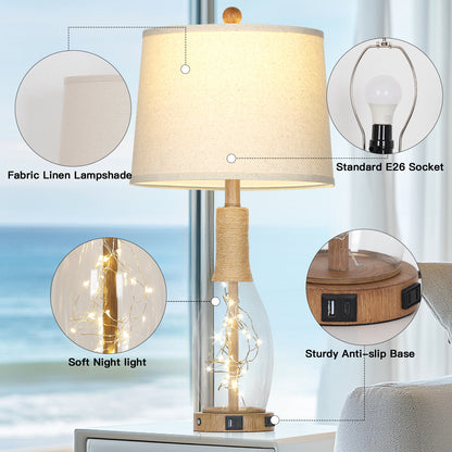 28'' Bedroom/Living Room Rustic Glass & Linen Table Lamp with USB/Type-C Ports, 9W LED Main Light + 2W Night Light(Set of 2)