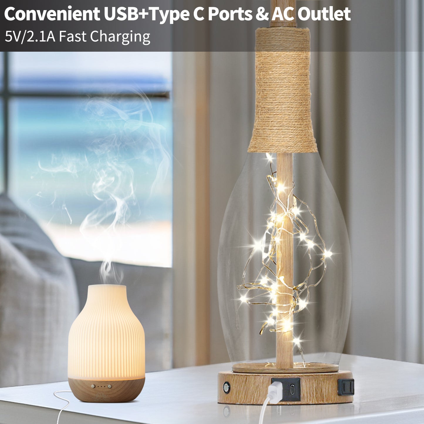 28'' Bedroom/Living Room Rustic Glass & Linen Table Lamp with USB/Type-C Ports, 9W LED Main Light + 2W Night Light(Set of 2)