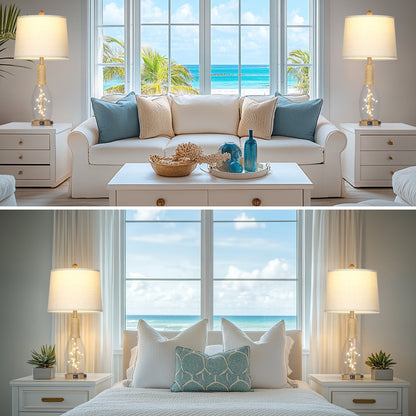 28'' Bedroom/Living Room Rustic Glass & Linen Table Lamp with USB/Type-C Ports, 9W LED Main Light + 2W Night Light(Set of 2)