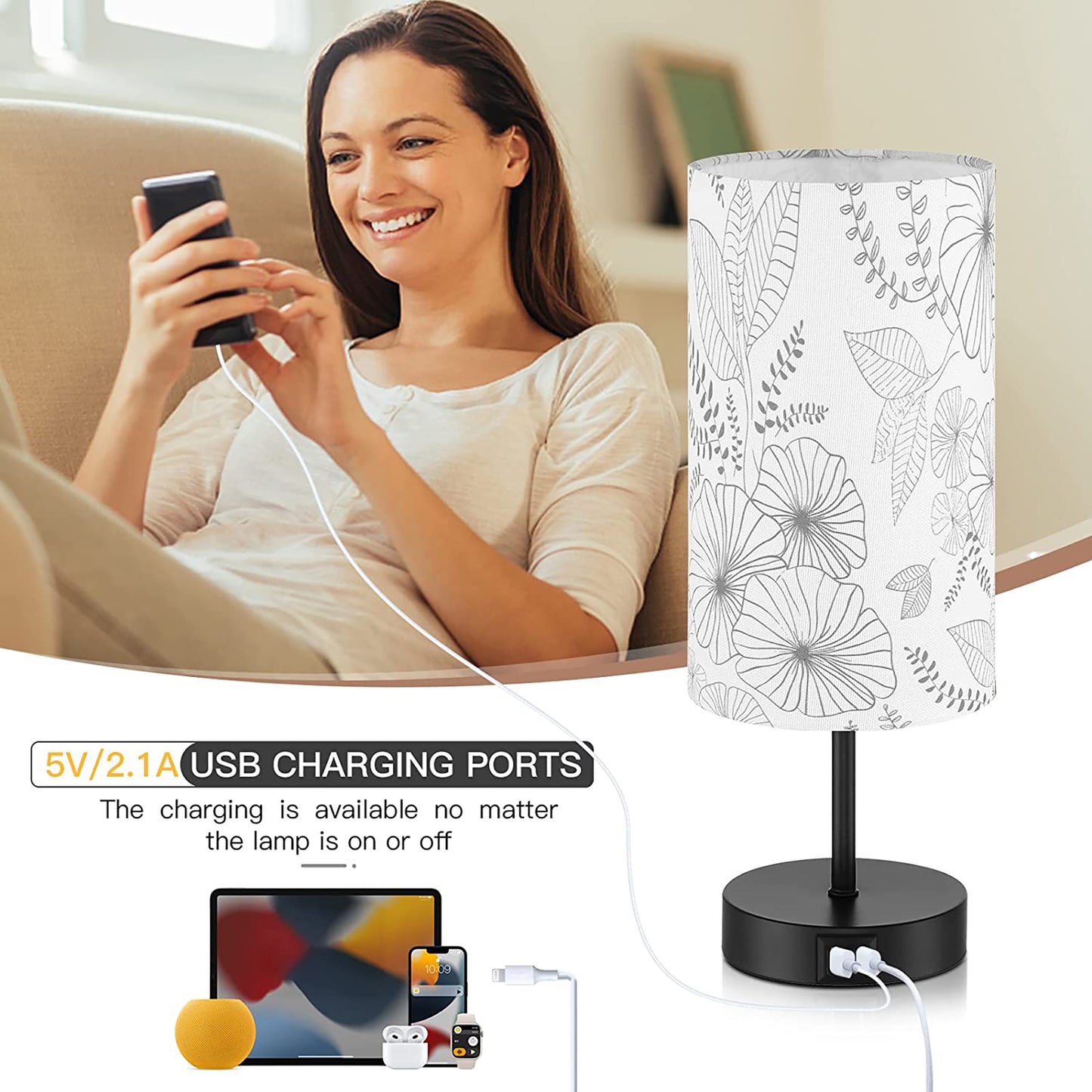 Cinkeda Small Table Lamp with USB Ports 15" Single Bedside Lamp for Living Room Bedroom 3 Way Dimmable Touch Control Nightstand Lamp