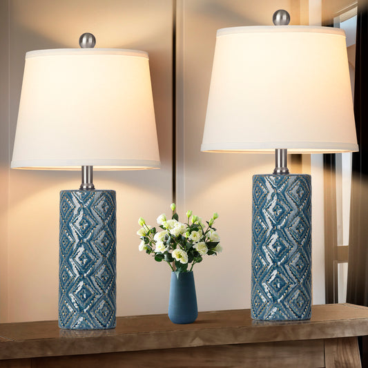 Ceramic Blue Cylinder Table Lamps with Rotary Switch and Knockdown Shade (Set of 2)