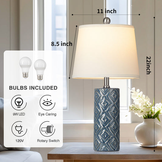 Ceramic Blue Cylinder Table Lamps with Rotary Switch and Knockdown Shade (Set of 2)