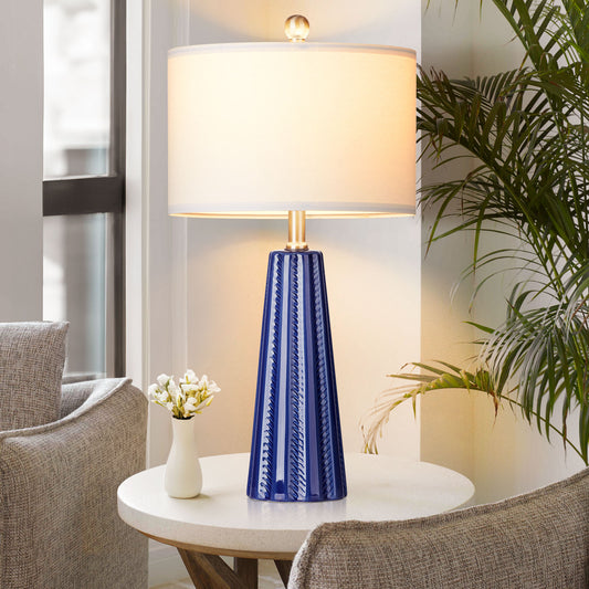 Ceramic blue table lamps with simple rotary switch and knockdown shade (Set of 2)