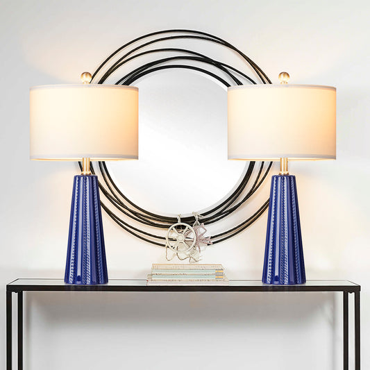 Ceramic blue table lamps with simple rotary switch and knockdown shade (Set of 2)