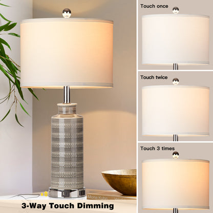 Ceramic Table Lamps with Gray Drum Shade, USB Charging Port, AC Outlet and Touch Switch (Set of 2)
