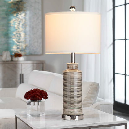 Ceramic Table Lamps with Gray Drum Shade, USB Charging Port, AC Outlet and Touch Switch (Set of 2)