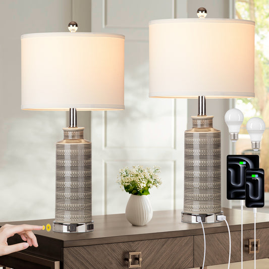 Ceramic Table Lamps with Gray Drum Shade, USB Charging Port, AC Outlet and Touch Switch (Set of 2)