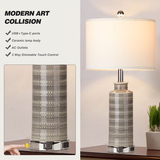 Ceramic Table Lamps with Gray Drum Shade, USB Charging Port, AC Outlet and Touch Switch (Set of 2)