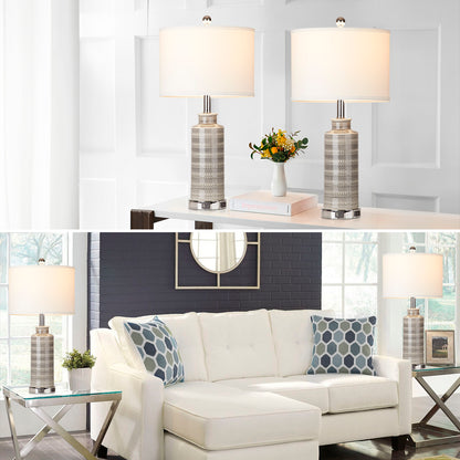 Ceramic Table Lamps with Gray Drum Shade, USB Charging Port, AC Outlet and Touch Switch (Set of 2)