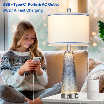 2-in-1 Table Lamps & Nightlight with Glass in Blue, Equipped with Charging Ports and a 2-Way Touch Switch (Set of 2)