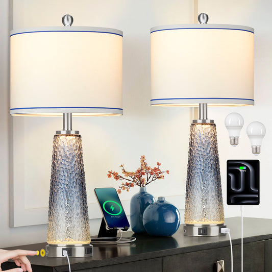 2-in-1 Table Lamps & Nightlight with Glass in Blue, Equipped with Charging Ports and a 2-Way Touch Switch (Set of 2)