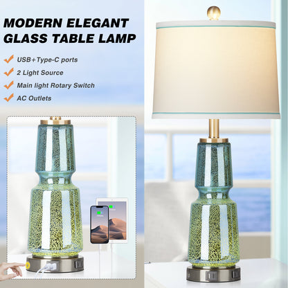 2-in-1 Table Lamp with Nightlight, Made of Blue-green Glass, Ink Textile, and Equipped with a 2-Way Touch Switch (Set of 2)