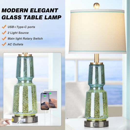 2-in-1 Table Lamp with Nightlight, Made of Blue-green Glass, Ink Textile, and Equipped with a 2-Way Touch Switch (Set of 2)