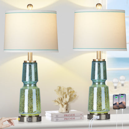 2-in-1 Table Lamp with Nightlight, Made of Blue-green Glass, Ink Textile, and Equipped with a 2-Way Touch Switch (Set of 2)