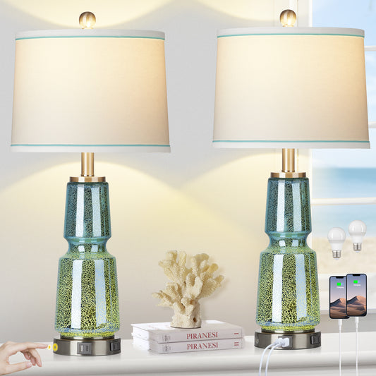 2-in-1 Table Lamp with Nightlight, Made of Blue-green Glass, Ink Textile, and Equipped with a 2-Way Touch Switch (Set of 2)