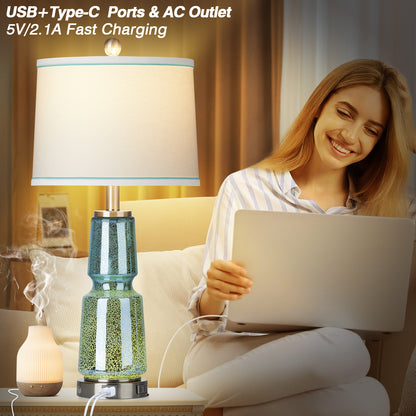 2-in-1 Table Lamp with Nightlight, Made of Blue-green Glass, Ink Textile, and Equipped with a 2-Way Touch Switch (Set of 2)
