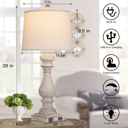 Grey Resin Vintage Table Lamps with Oblique Shade and USB Type - C Charging Ports (Set of 2)