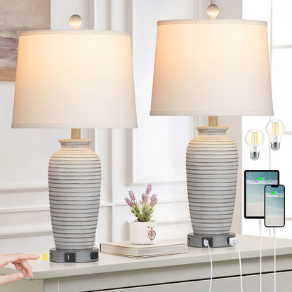 Gray-white resin table lamp. Touch dimming switch. USB & Type C ports. No strobe (Set of 2)