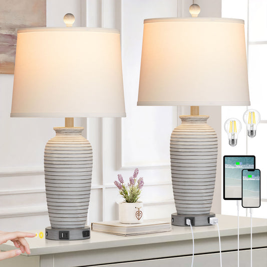 Gray-white resin table lamp. Touch dimming switch. USB & Type C ports. No strobe (Set of 2)