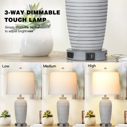 Gray-white resin table lamp. Touch dimming switch. USB & Type C ports. No strobe (Set of 2)