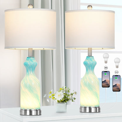 2-in-1 Blue Glass Table Lamp with Nightlight Function and Equipped with USB and Type-C Charging Ports (Set of 2)