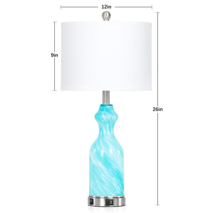 2-in-1 Blue Glass Table Lamp with Nightlight Function and Equipped with USB and Type-C Charging Ports (Set of 2)