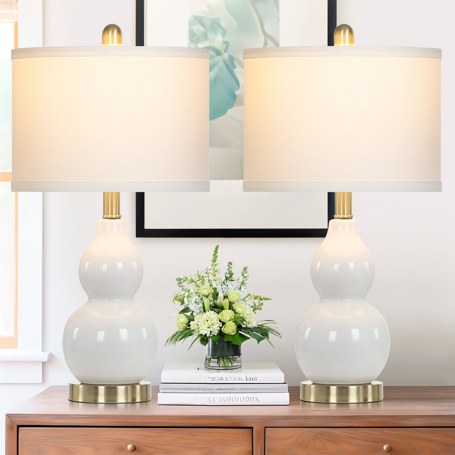 White Ceramic Bedside Lamps Gourd Lamp Holder Drum Shade (Set of 2)