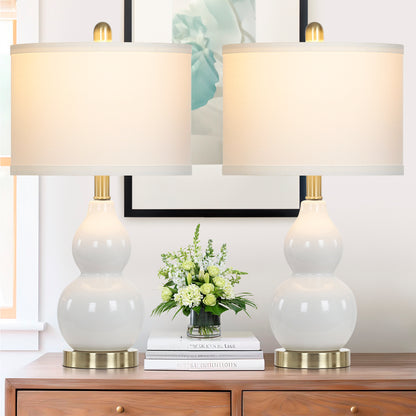 White Ceramic Bedside Lamps Gourd Lamp Holder Drum Shade (Set of 2)