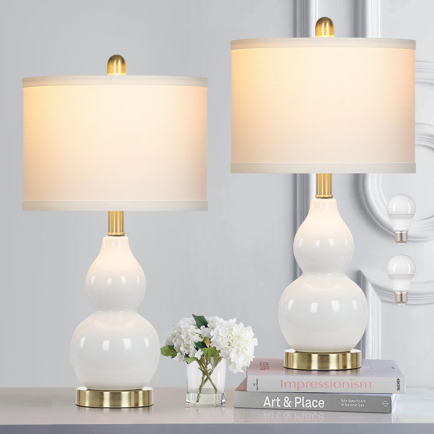 White Ceramic Bedside Lamps Gourd Lamp Holder Drum Shade (Set of 2)